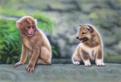 リアリズム絵画 リアルイラスト 動物の絵 子犬の絵 犬猿の仲